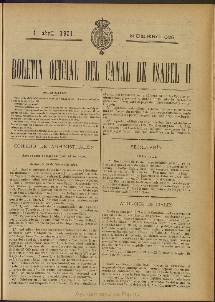 Miniatura de Boletín Oficial del Canal de Isabel II del 1 de abril de 1921, nº 328