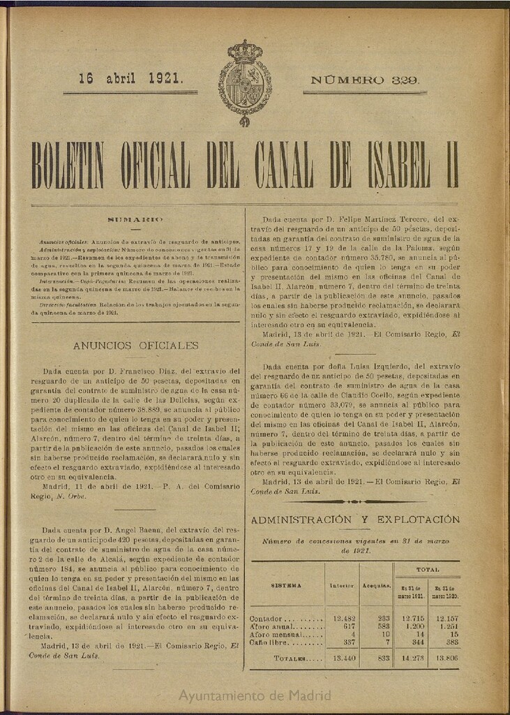 Miniatura de Boletín Oficial del Canal de Isabel II del 16 de abril de 1921, nº 329