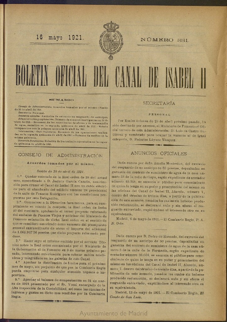 Miniatura de Boletín Oficial del Canal de Isabel II del 16 de mayo de 1921, nº 331