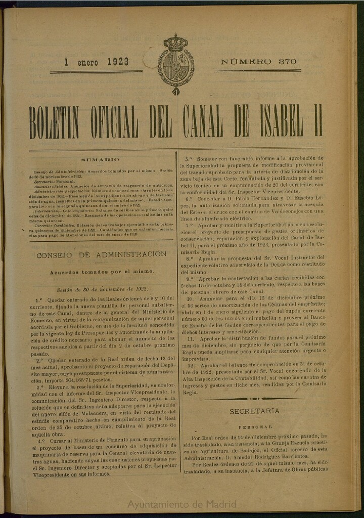 Miniatura de Boletín Oficial del Canal de Isabel II del 1 de enero de 1923, nº 370