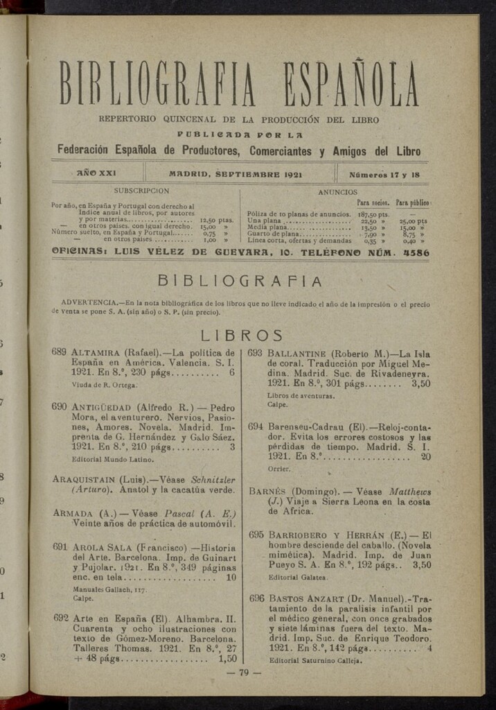 Miniatura de Bibliografía Española de septiembre de 1921