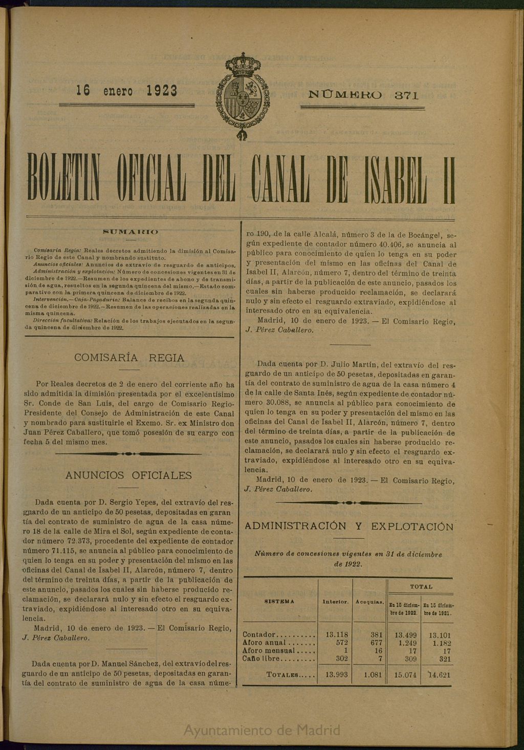 Miniatura de Boletín Oficial del Canal de Isabel II del 16 de enero de 1923, nº 371