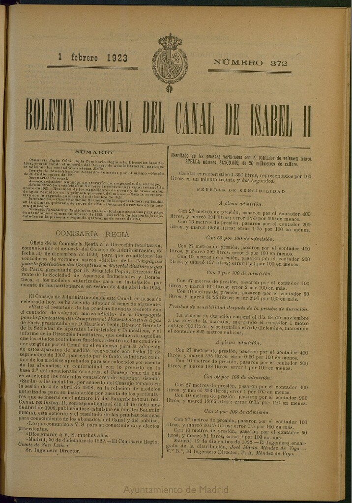 Miniatura de Boletín Oficial del Canal de Isabel II del 1 de febrero de 1923, nº 372