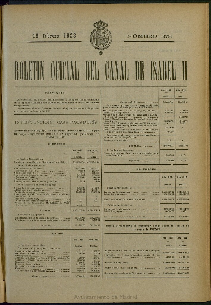 Miniatura de Boletín Oficial del Canal de Isabel II del 16 de febrero de 1923, nº 373