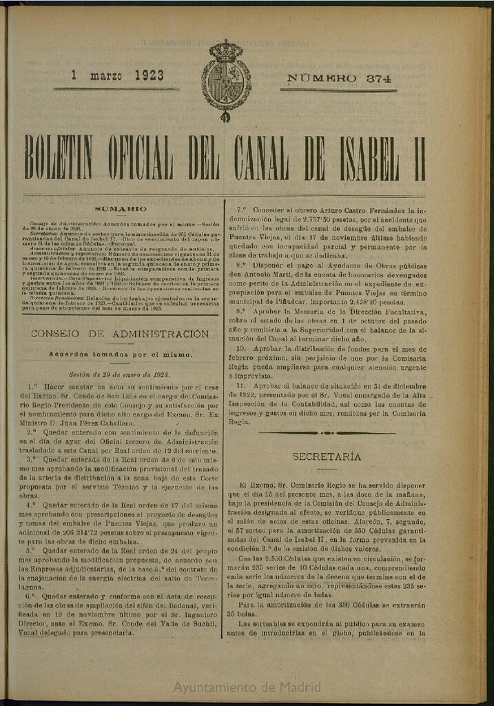 Miniatura de Boletín Oficial del Canal de Isabel II del 1 de marzo de 1923, nº 374