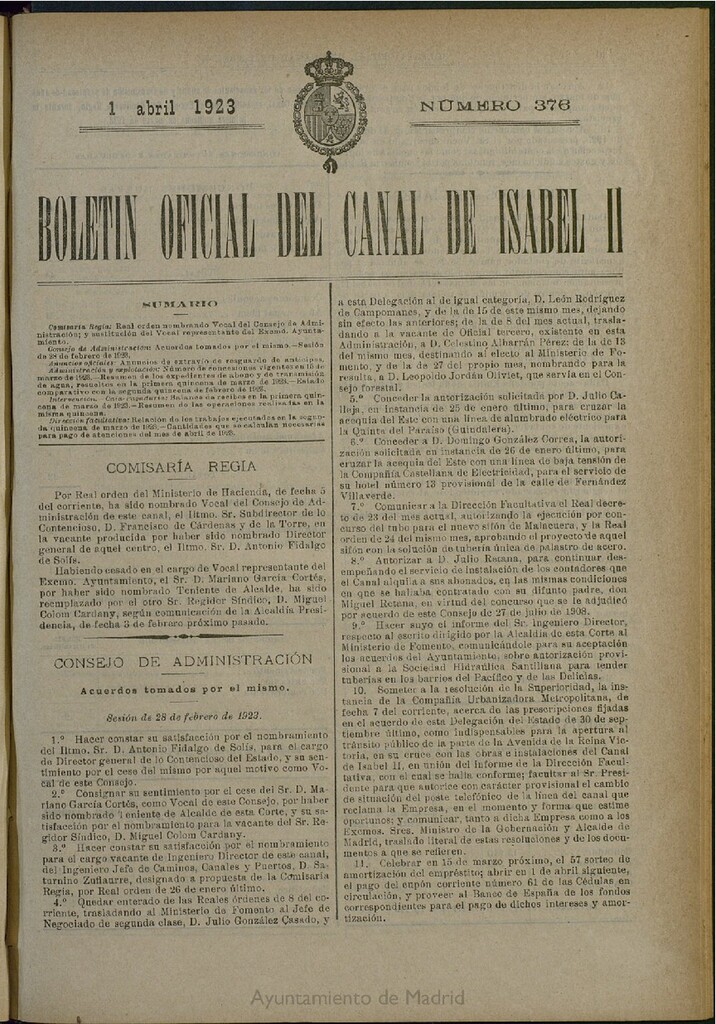 Miniatura de Boletín Oficial del Canal de Isabel II del 1 de abril de 1923, nº 376