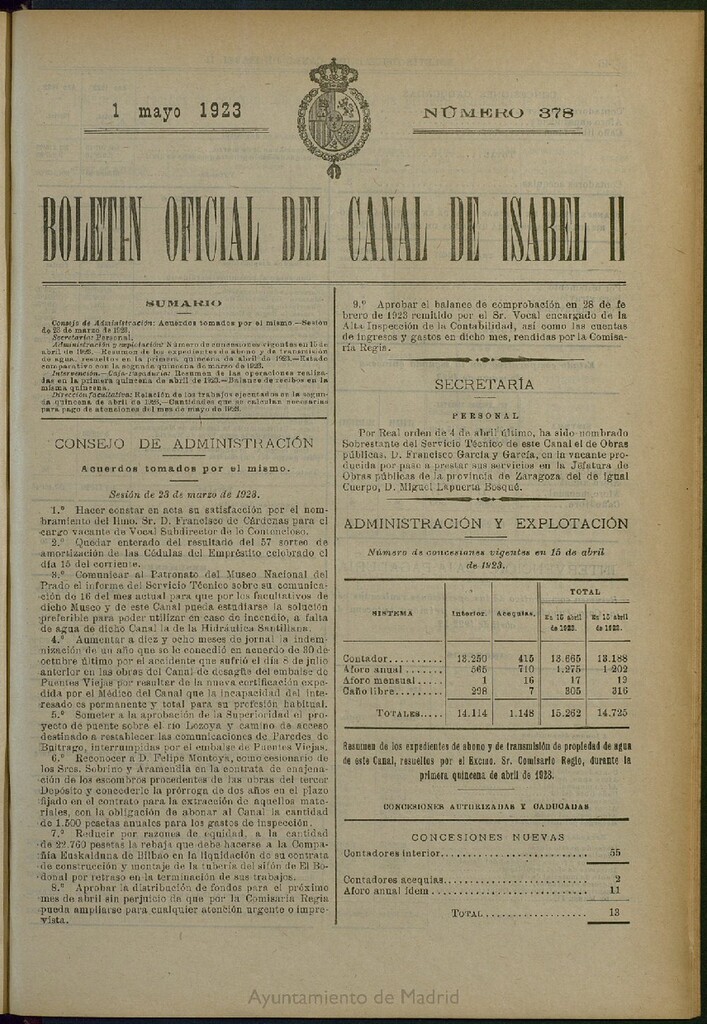 Miniatura de Boletín Oficial del Canal de Isabel II del 1 de mayo de 1923, nº 378