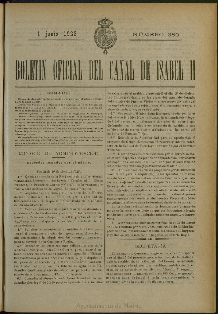 Miniatura de Boletín Oficial del Canal de Isabel II del 1 de junio de 1923, nº 380