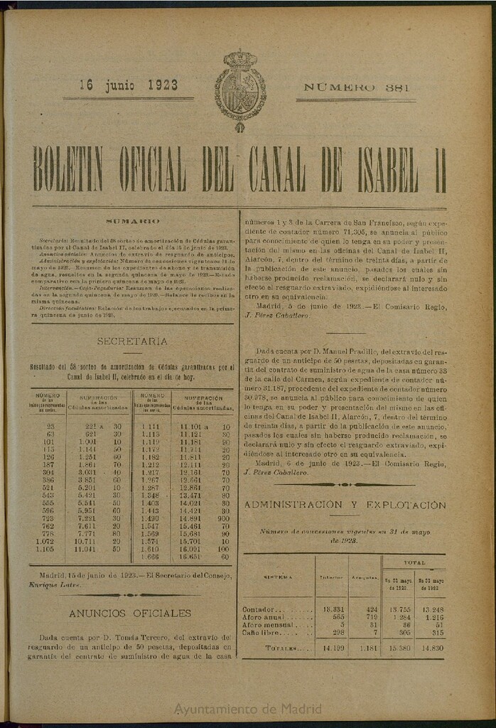 Miniatura de Boletín Oficial del Canal de Isabel II del 16 de junio de 1923, nº 381