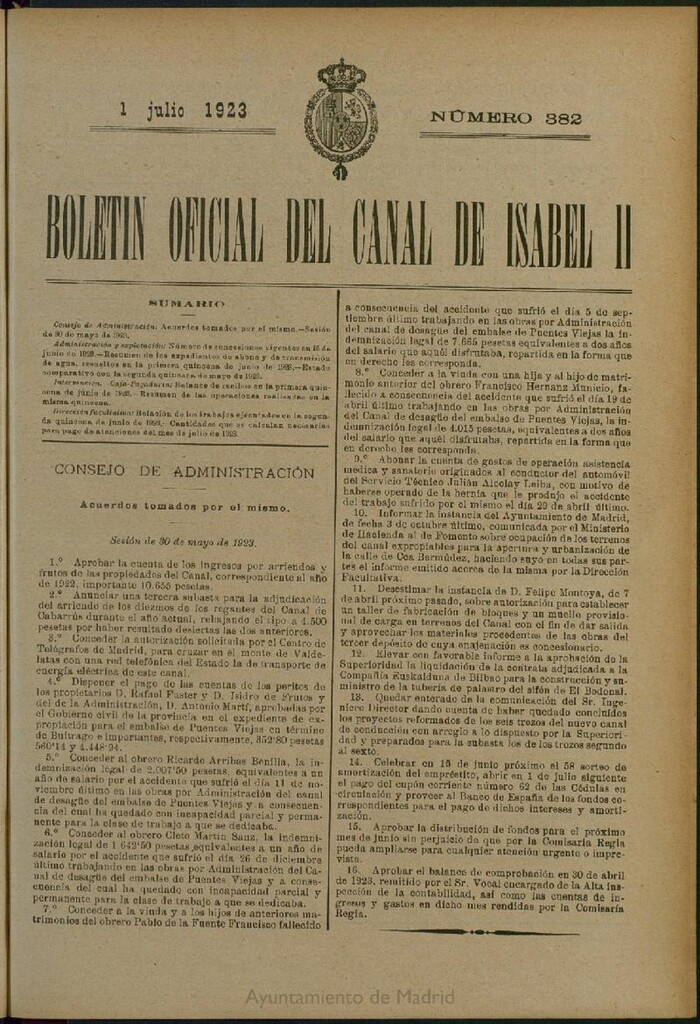 Miniatura de Boletín Oficial del Canal de Isabel II del 1 de julio de 1923, nº 382