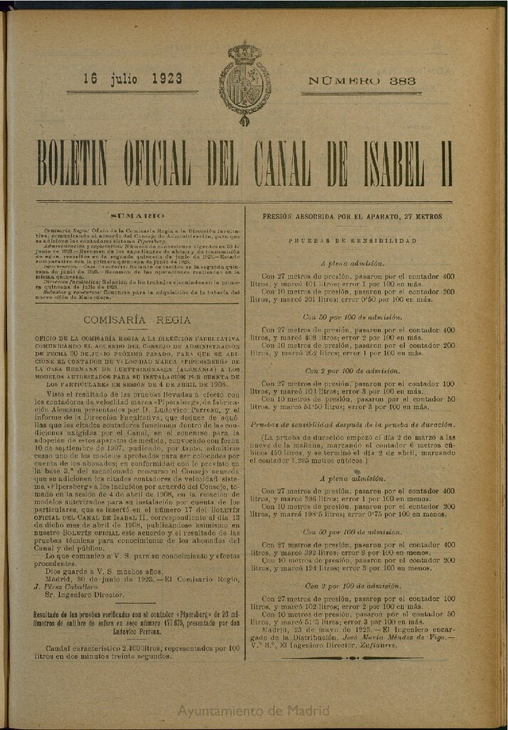 Miniatura de Boletín Oficial del Canal de Isabel II del 16 de julio de 1923, nº 383