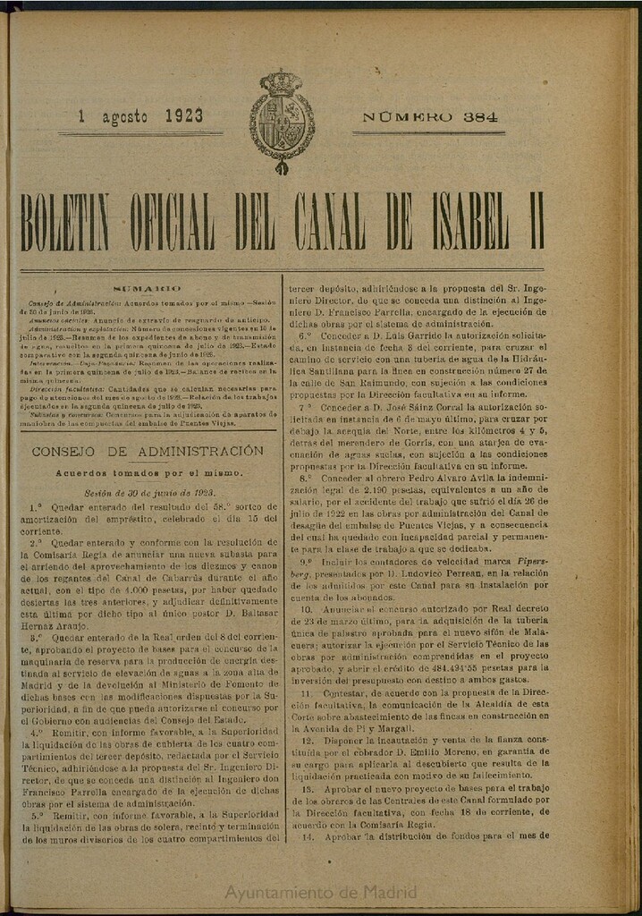 Miniatura de Boletín Oficial del Canal de Isabel II del 1 de agosto de 1923, nº 384