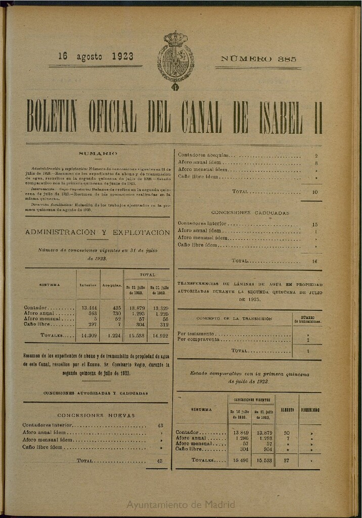 Miniatura de Boletín Oficial del Canal de Isabel II del 16 de agosto de 1923, nº 385