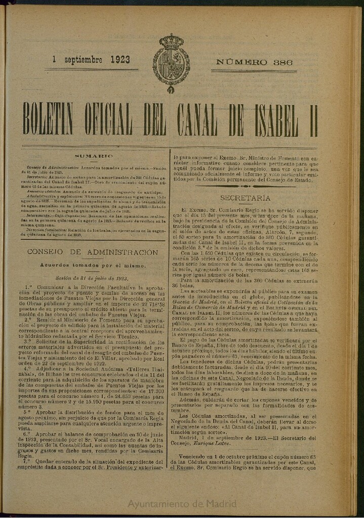 Miniatura de Boletín Oficial del Canal de Isabel II del 1 de septiembre de 1923, nº 386