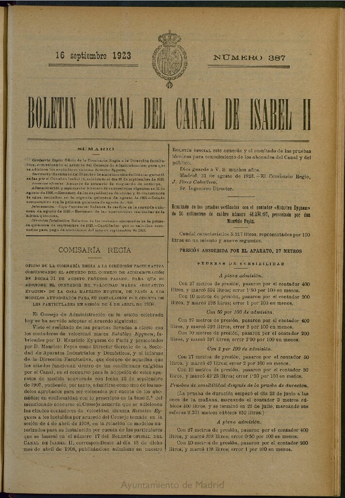 Miniatura de Boletín Oficial del Canal de Isabel II del 16 de septiembre de 1923, nº 387