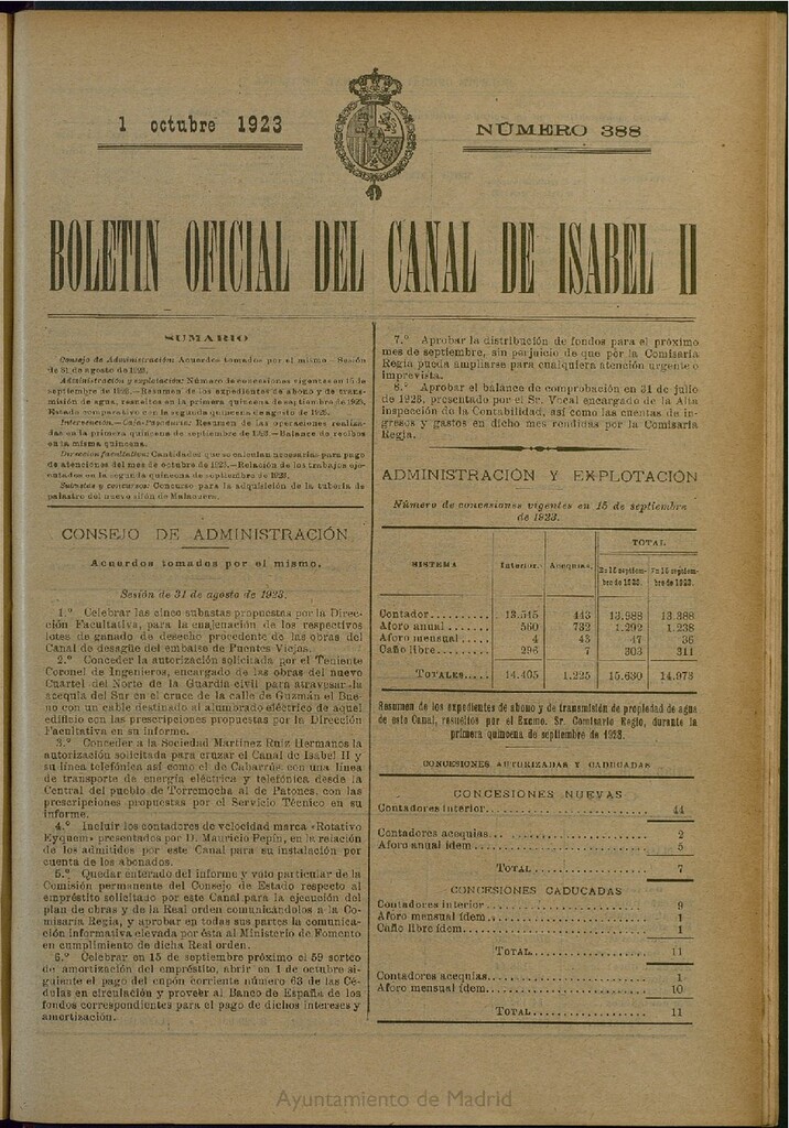 Miniatura de Boletín Oficial del Canal de Isabel II del 1 de octubre de 1923, nº 388