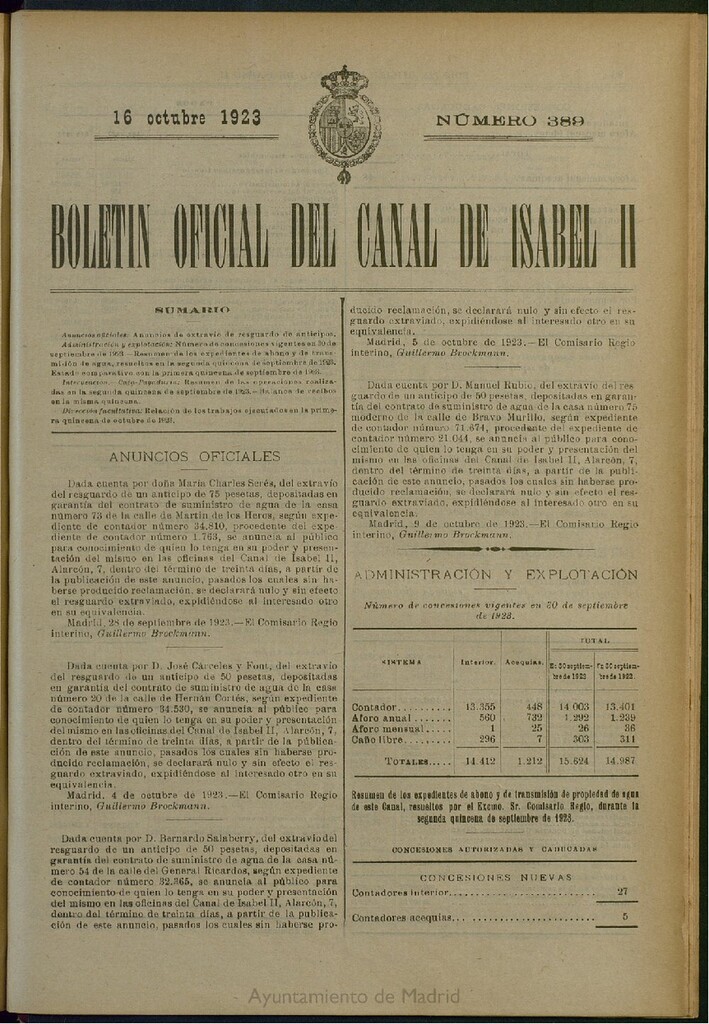 Miniatura de Boletín Oficial del Canal de Isabel II del 16 de octubre de 1923, nº 389