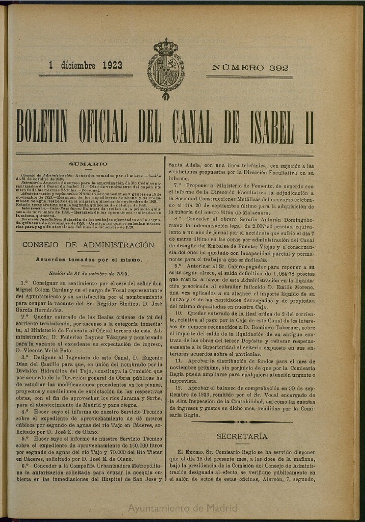 Miniatura de Boletín Oficial del Canal de Isabel II del 1 de diciembre de 1923, nº 392