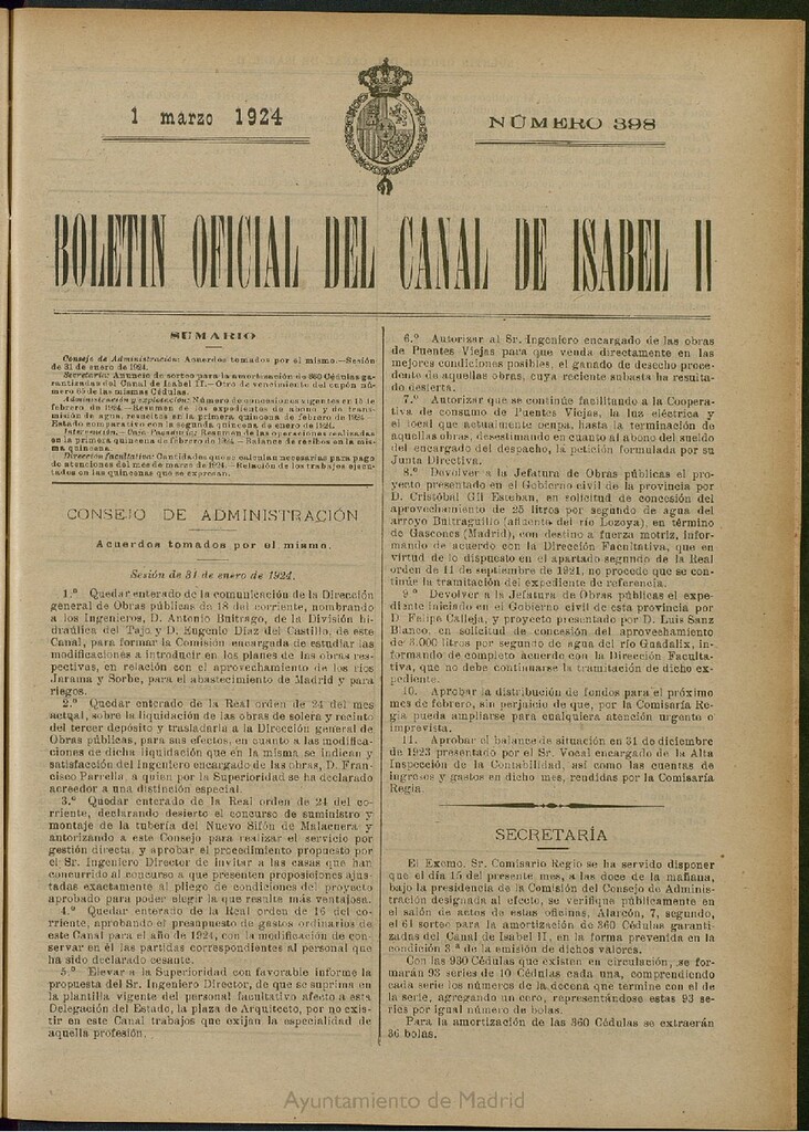 Miniatura de Boletín Oficial del Canal de Isabel II del 1 de marzo de 1924, nº 398