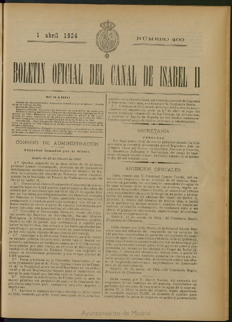 Miniatura de Boletín Oficial del Canal de Isabel II del 1 de abril de 1924, nº 400