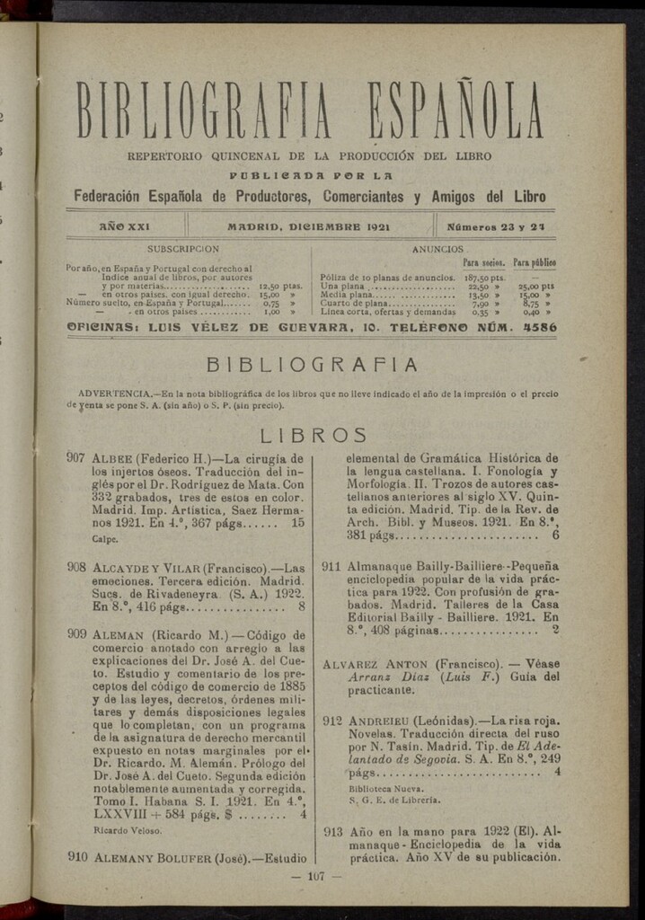 Miniatura de Bibliografía Española de diciembre de 1921