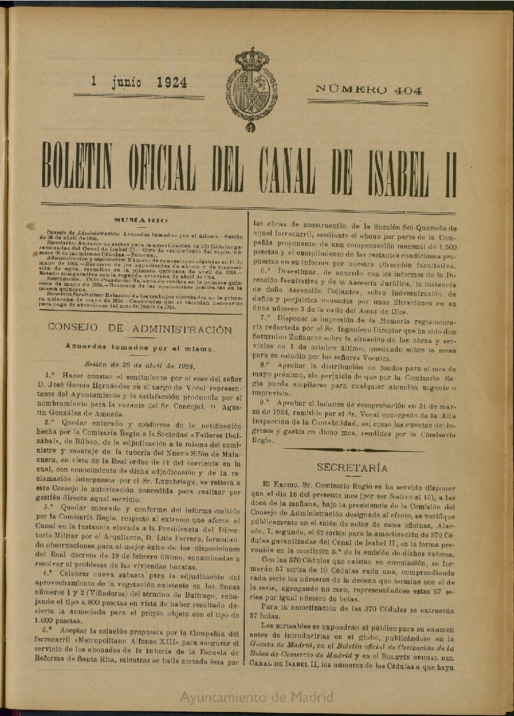 Miniatura de Boletín Oficial del Canal de Isabel II del 1 de junio de 1924, nº 404