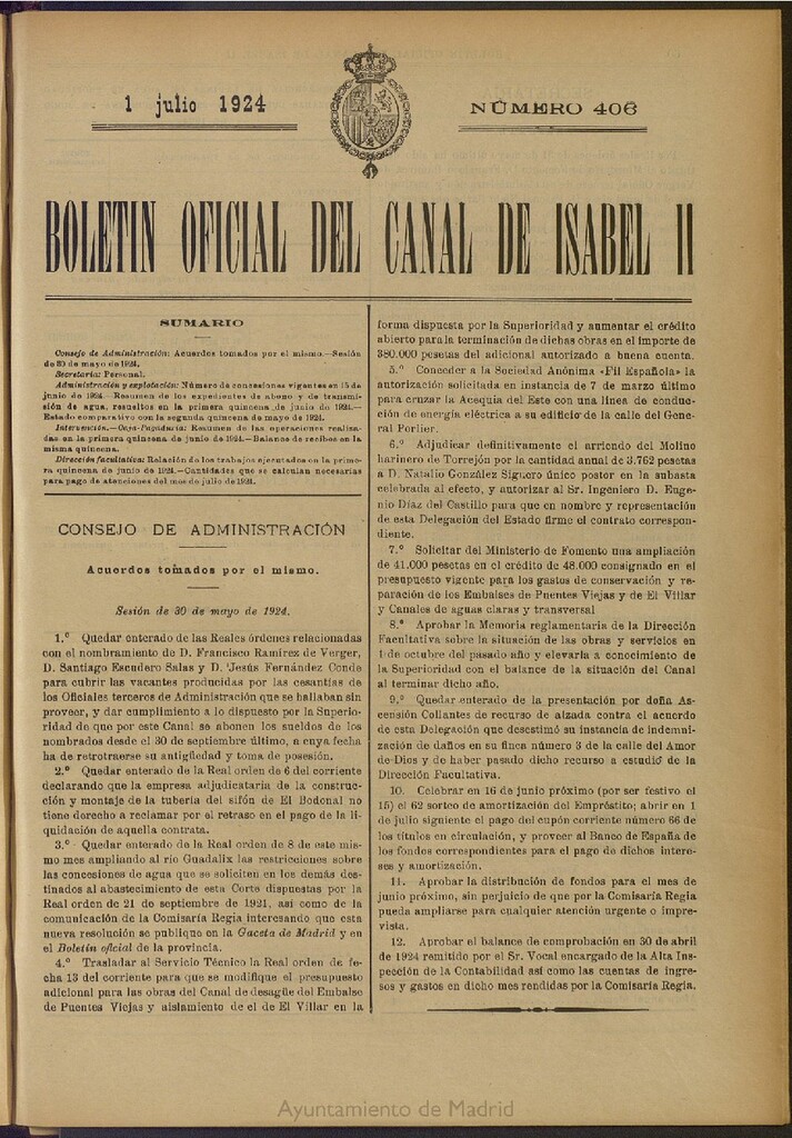 Miniatura de Boletín Oficial del Canal de Isabel II del 1 de julio de 1924, nº 406