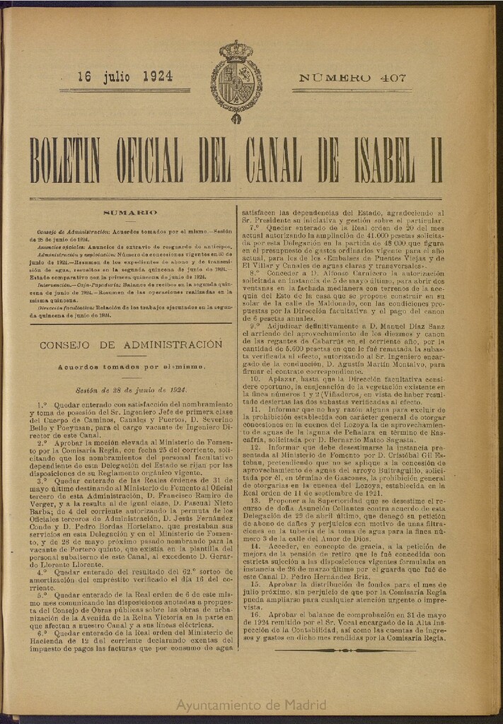 Miniatura de Boletín Oficial del Canal de Isabel II del 16 de julio de 1924, nº 407