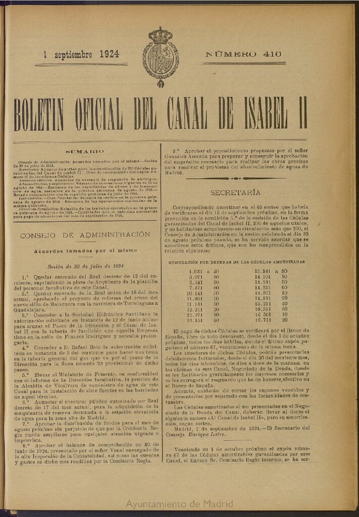 Miniatura de Boletín Oficial del Canal de Isabel II del 1 de septiembre de 1924, nº 410