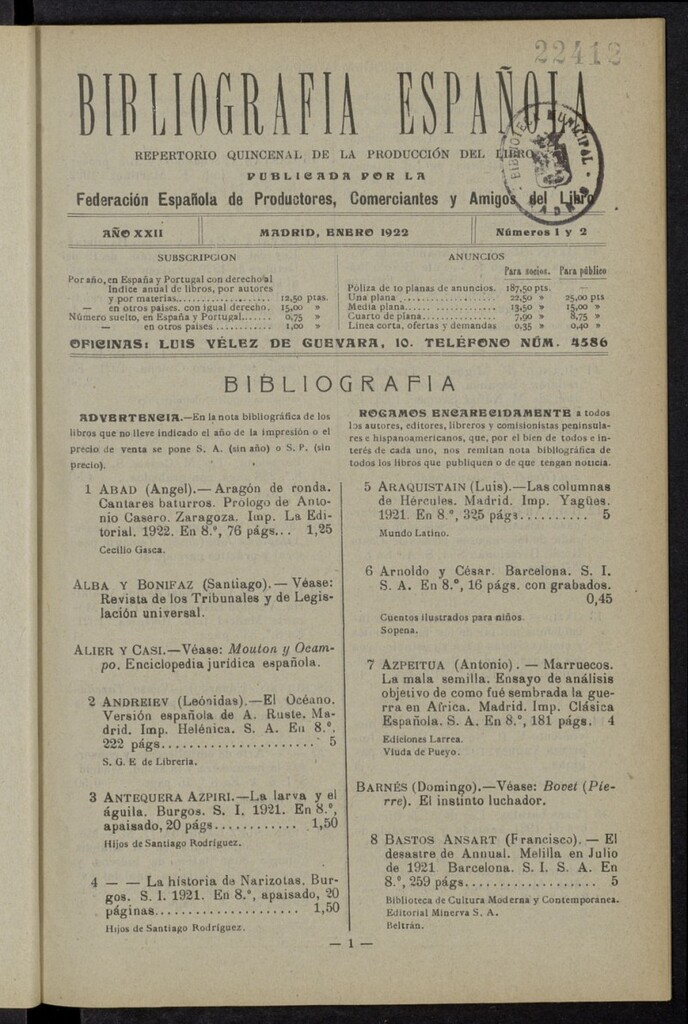 Miniatura de Bibliografía Española de enero de 1922