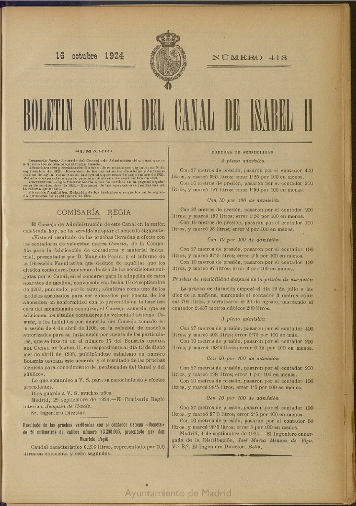 Miniatura de Boletín Oficial del Canal de Isabel II del 16 de octubre de 1924, nº 413