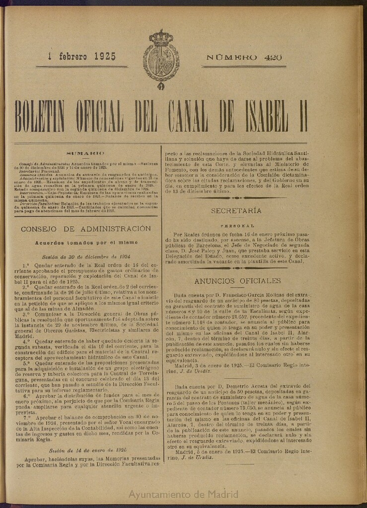 Miniatura de Boletín Oficial del Canal de Isabel II del 1 de febrero de 1925, nº 420