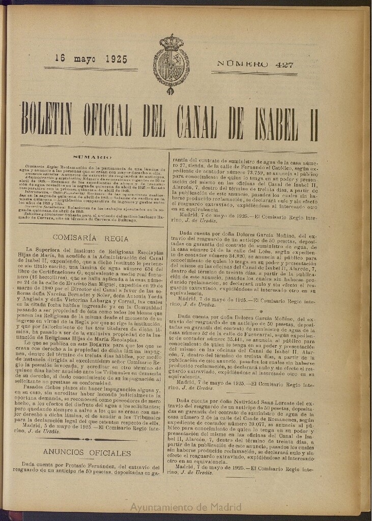 Miniatura de Boletín Oficial del Canal de Isabel II del 16 de mayo de 1925, nº 427
