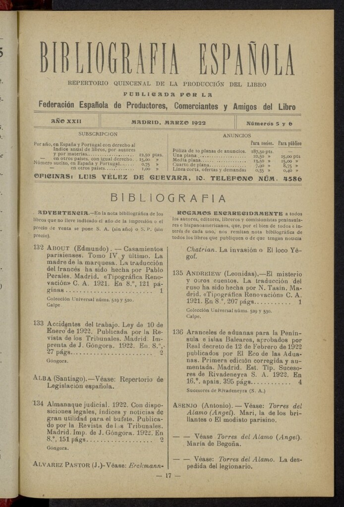 Miniatura de Bibliografía Española de marzo de 1922