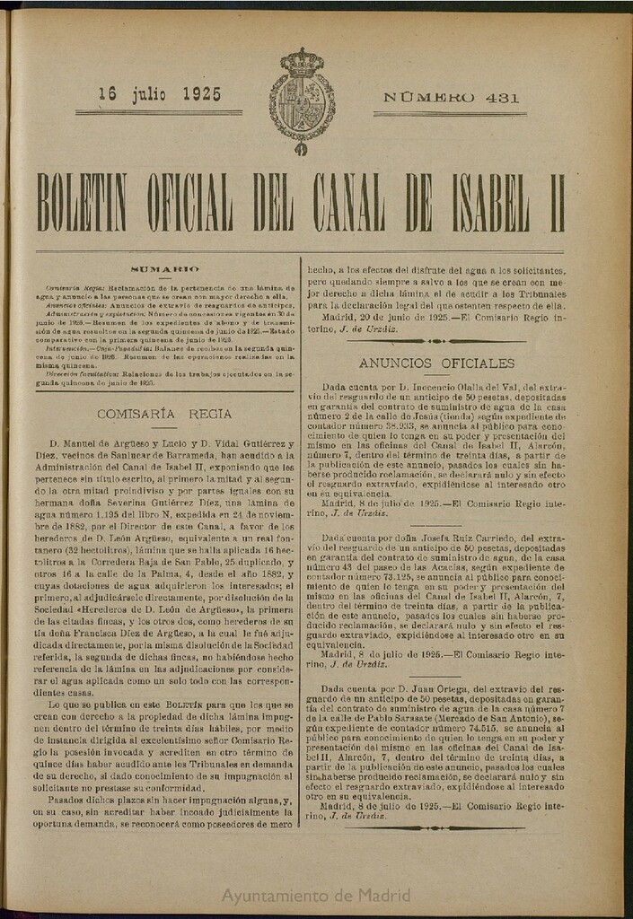 Miniatura de Boletín Oficial del Canal de Isabel II del 16 de julio de 1925, nº 431