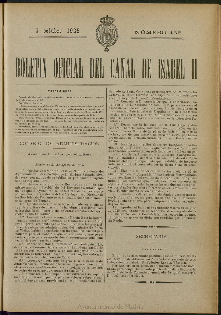 Miniatura de Boletín Oficial del Canal de Isabel II del 1 de octubre de 1925, nº 436