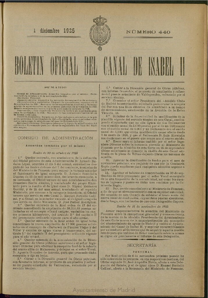 Miniatura de Boletín Oficial del Canal de Isabel II del 1 de diciembre de 1925, nº 440