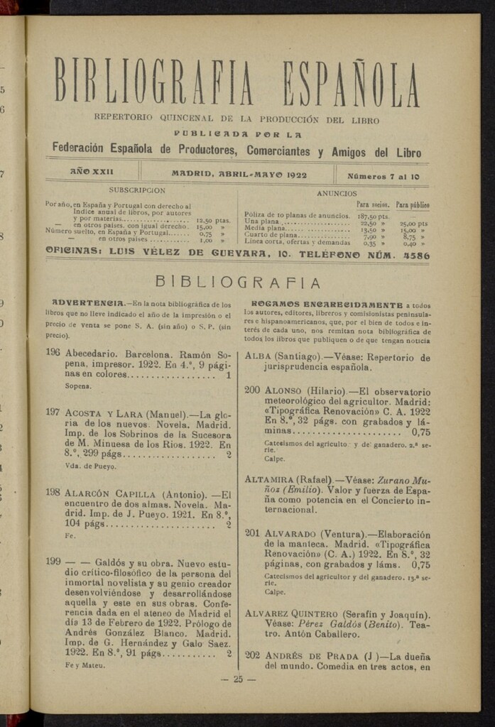 Miniatura de Bibliografía Española de abril y mayo de 1922