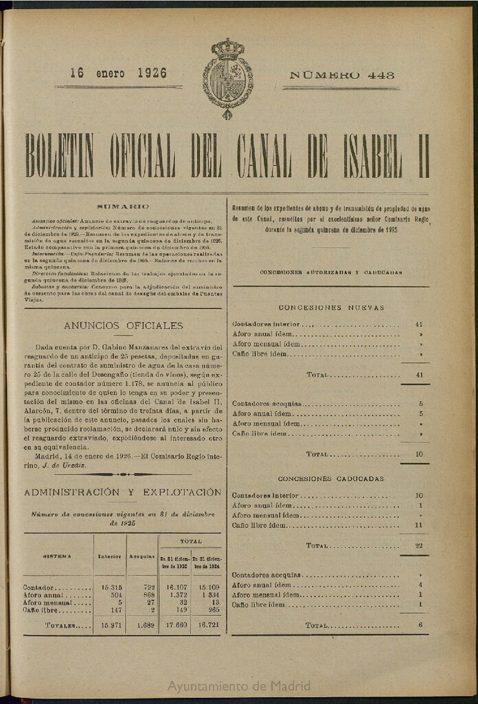 Miniatura de Boletín Oficial del Canal de Isabel II del 16 de enero de 1926, nº 443