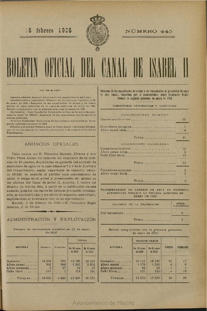 Miniatura de Boletín Oficial del Canal de Isabel II del 16 de febrero de 1926, nº 445