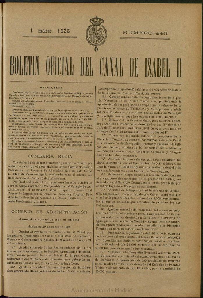 Miniatura de Boletín Oficial del Canal de Isabel II del 1 de marzo de 1926, nº 446