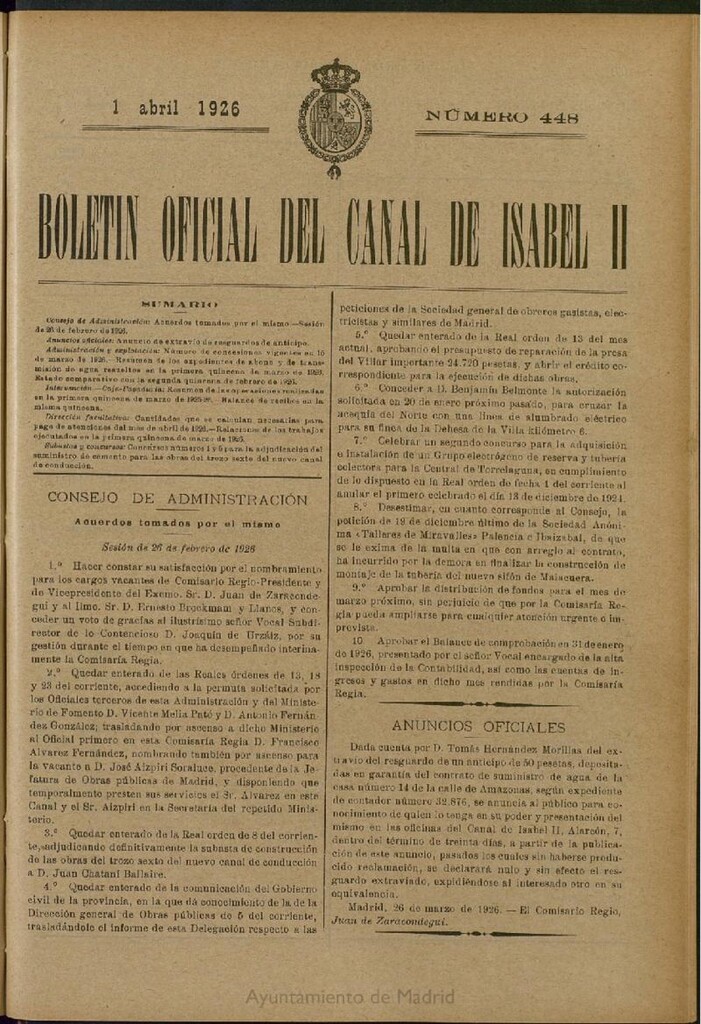 Miniatura de Boletín Oficial del Canal de Isabel II del 1 de abril de 1926, nº 448