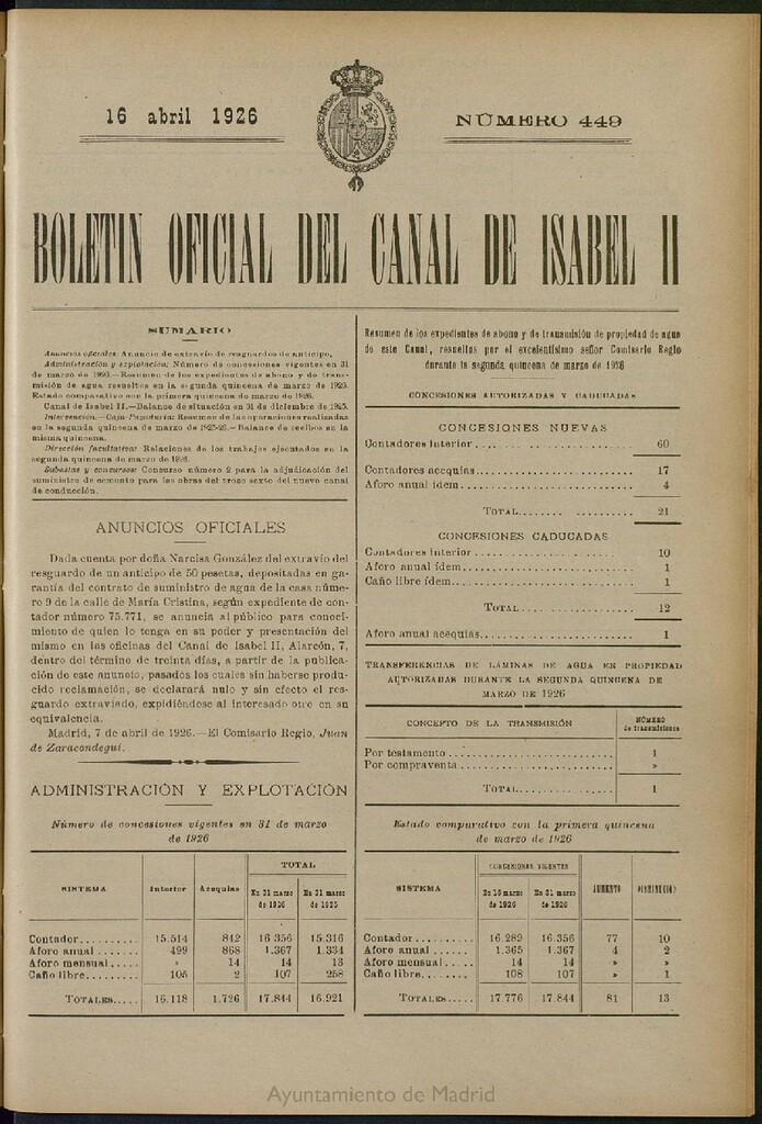 Miniatura de Boletín Oficial del Canal de Isabel II del 16 de abril de 1926, nº 449