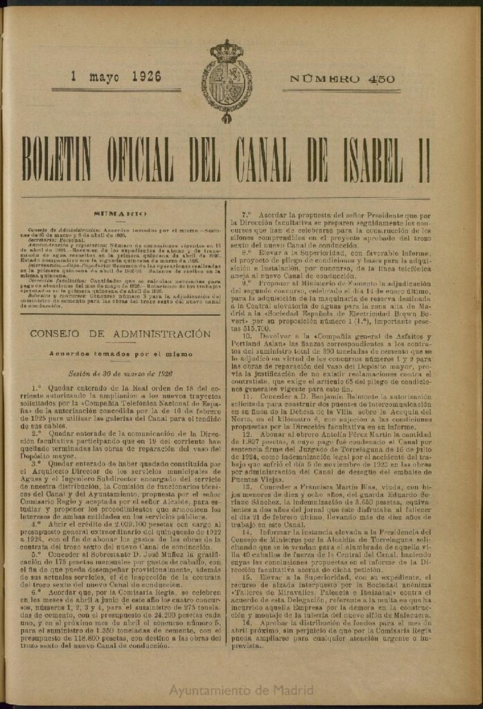 Miniatura de Boletín Oficial del Canal de Isabel II del 1 de mayo de 1926, nº 450