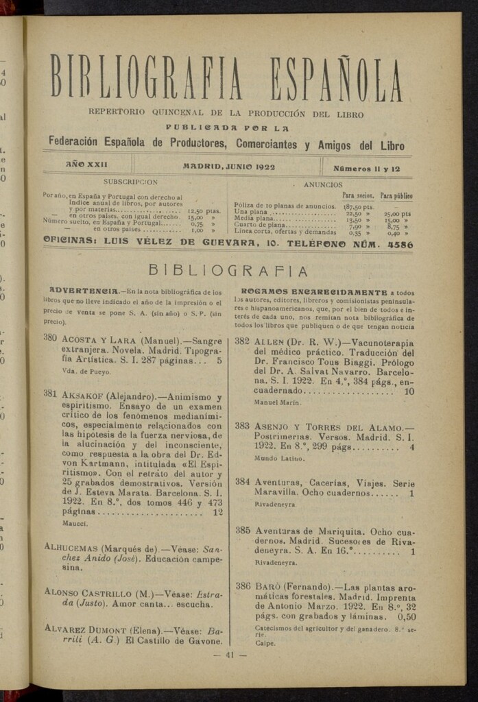 Miniatura de Bibliografía Española de junio de 1922