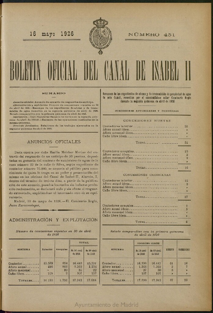 Miniatura de Boletín Oficial del Canal de Isabel II del 16 de mayo de 1926, nº 451