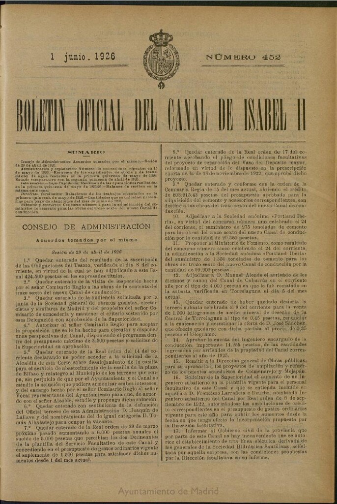 Miniatura de Boletín Oficial del Canal de Isabel II del 1 de junio de 1926, nº 452