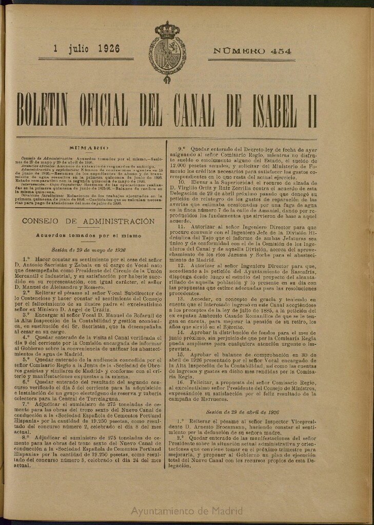Miniatura de Boletín Oficial del Canal de Isabel II del 1 de julio de 1926, nº 454