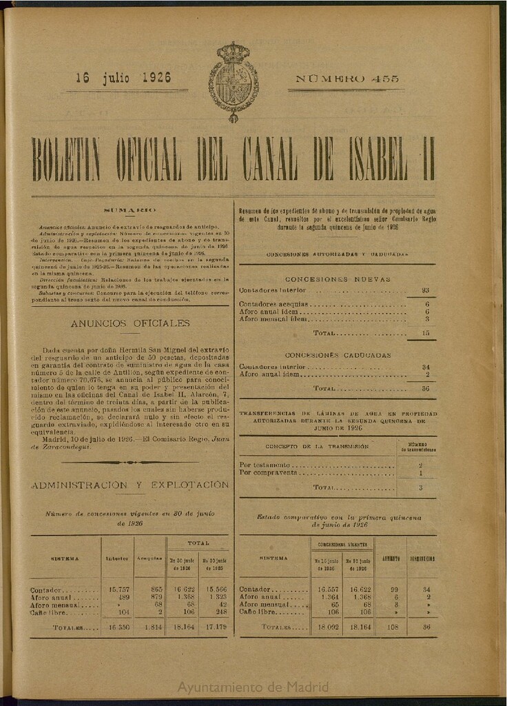 Miniatura de Boletín Oficial del Canal de Isabel II del 16 de julio de 1926, nº 455