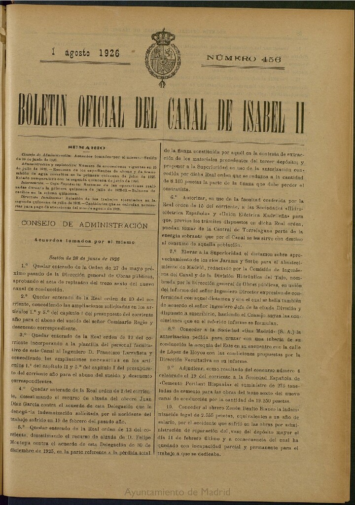 Miniatura de Boletín Oficial del Canal de Isabel II del 1 de agosto de 1926, nº 456